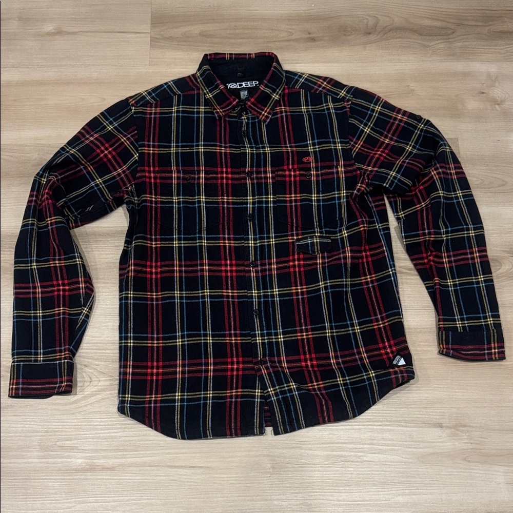 10.Deep Men's Large Casual Plaid button up Shirt - Red, Black, and Yellow